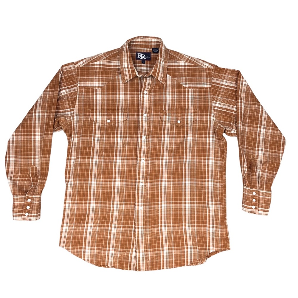 Risistol Pearl Snap Shirt Brown Off White Pocketed Pen Pocket Tartan Check L